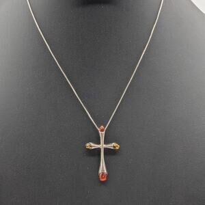 Vintage Baltic Amber 925 Sterling Silver Cross Pendant 18" Chain Necklace